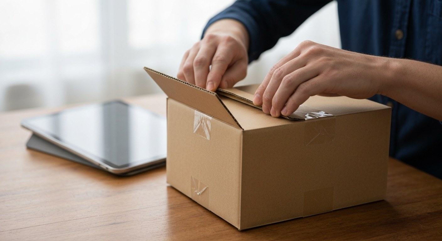 Seamless Unboxing Experience Close-up of hands opening a frustration-free cardboard box on a wooden table with soft window lighting.