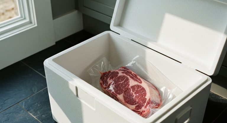 A raw vacuum-sealed ribeye steak inside an open white insulated shipping cooler on a dark floor.