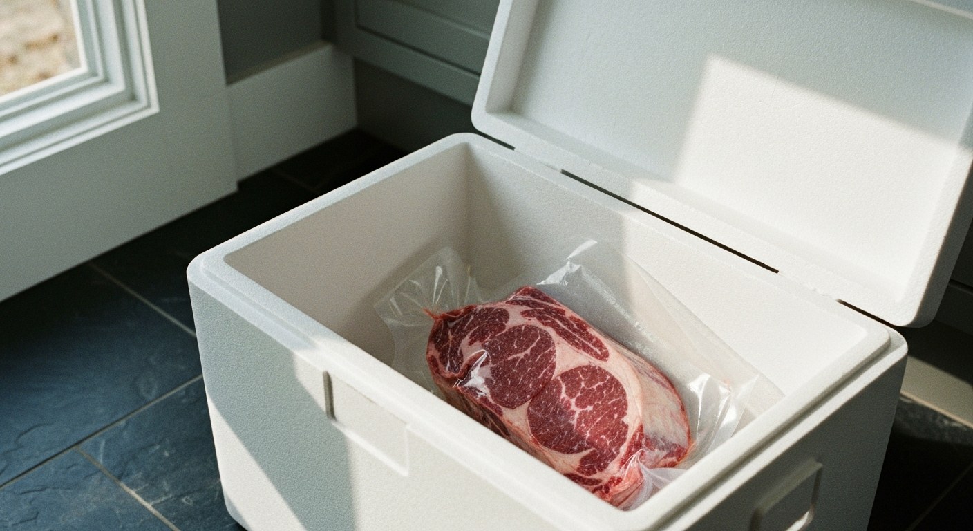 Unboxing Premium Steaks in Insulated Cooler A raw vacuum-sealed ribeye steak inside an open white insulated shipping cooler on a dark floor.