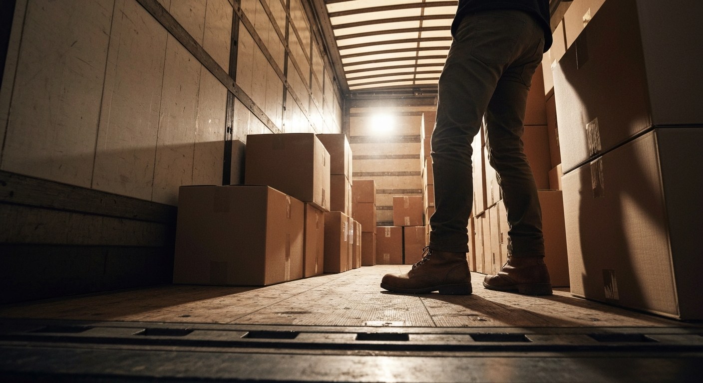 Interior of a shipping trailer filled with stacked cardboard boxes at a loading dock.