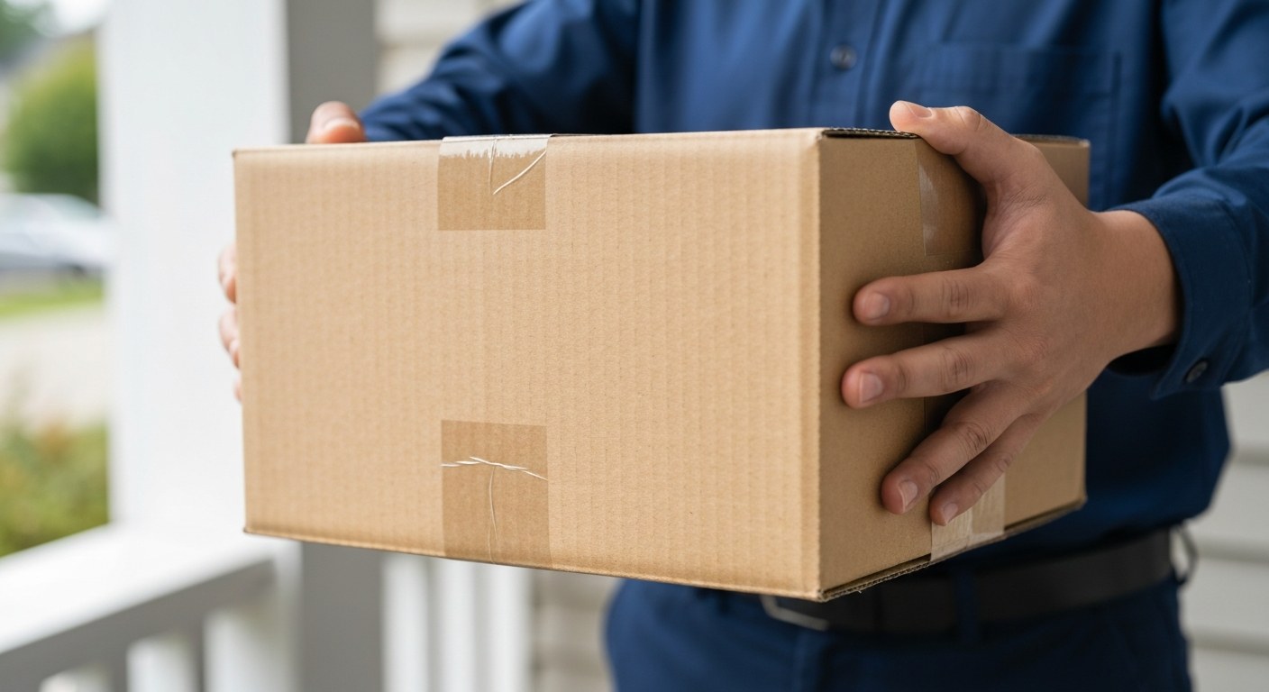A person in a blue uniform holding a plain, unmarked brown cardboard box during a home delivery.