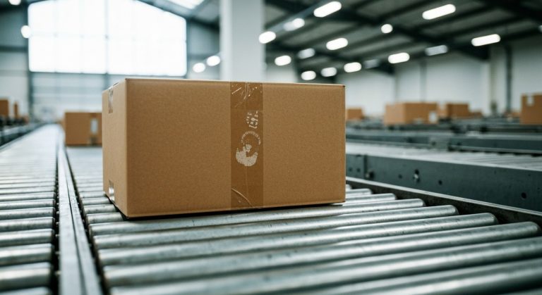 A plain brown shipping box sits on a metal roller conveyor belt in a brightly lit industrial warehouse.