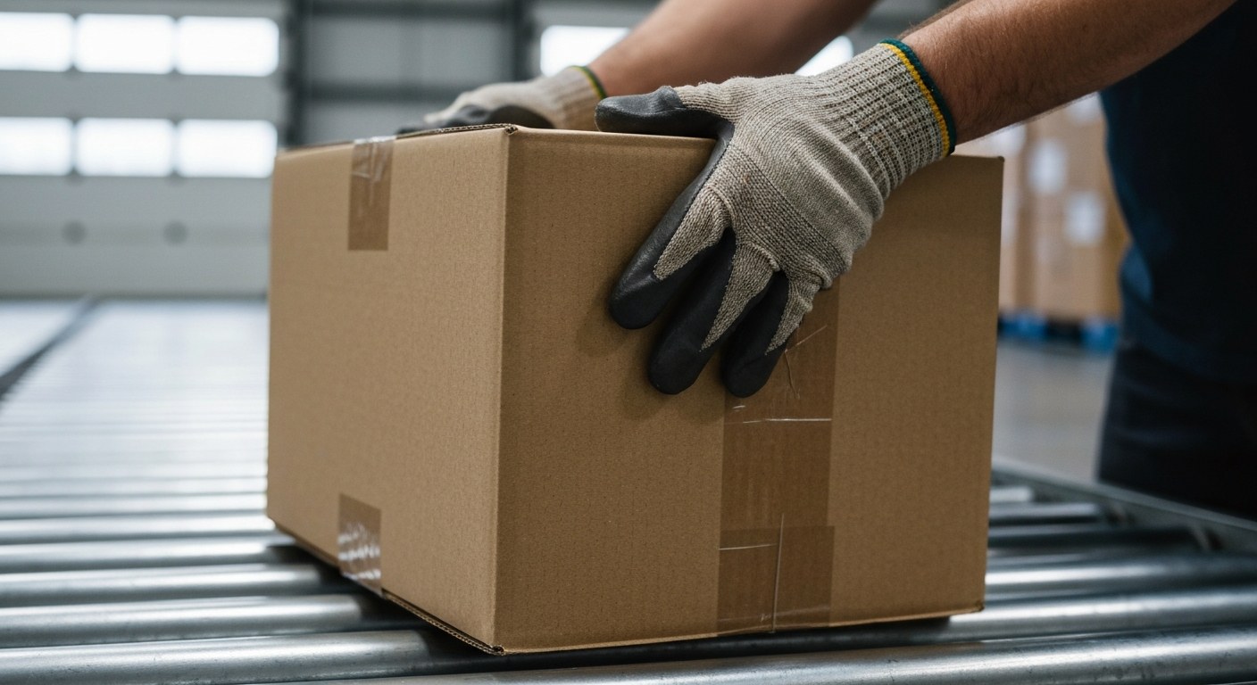UPS Package Handler Manual Labor A close-up of a logistics worker's gloved hands holding a sturdy cardboard box in a warehouse setting.