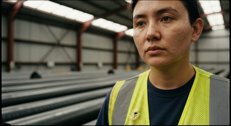 A warehouse worker in a yellow safety vest pauses for a break in a sunlit industrial sorting facility.