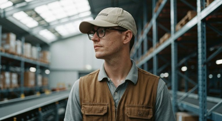 A logistics worker in a brown vest stands thoughtfully in a modern warehouse with soft natural light.