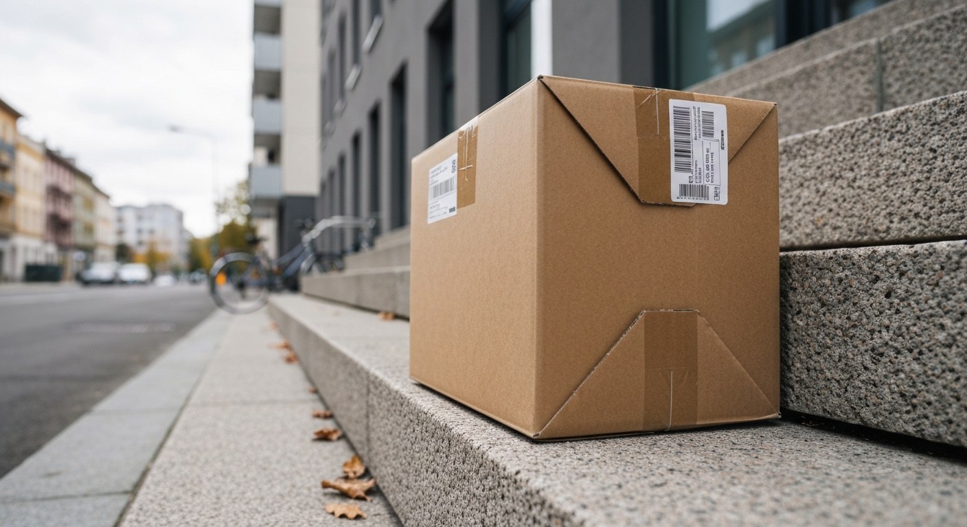 A cardboard delivery package sitting on the stone steps of a modern apartment building.