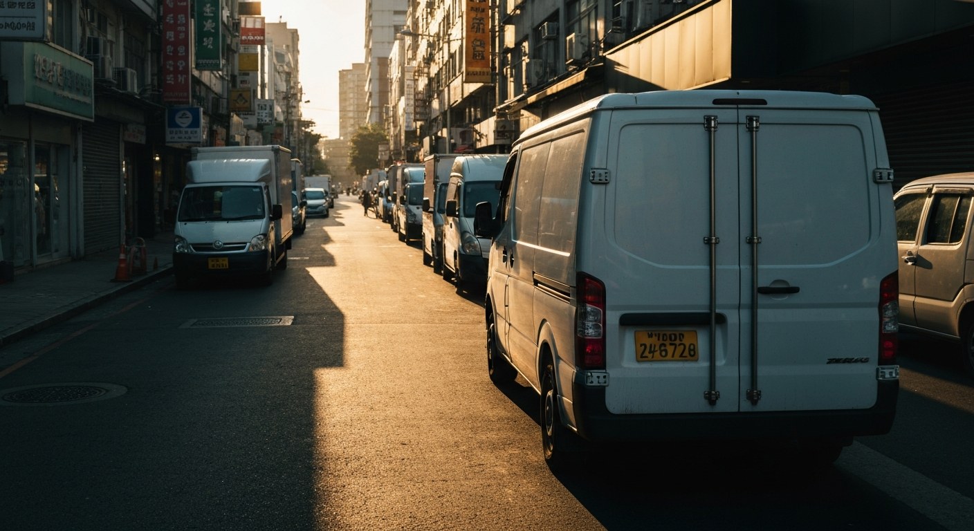 Urban Delivery Market Saturation A busy city street at sunset with delivery vans parked along the curb, illustrating urban logistics demand.