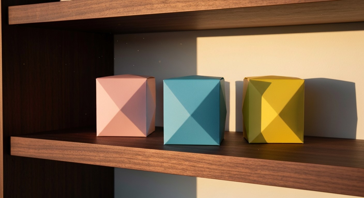 Three colorful octagonal boxes in pink, blue, and yellow arranged on a wooden shelf during golden hour.