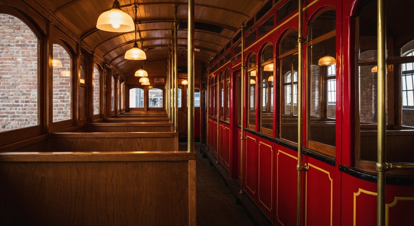 The interior of a classic red trolley car repurposed as a restaurant booth with wooden benches and brass railings.