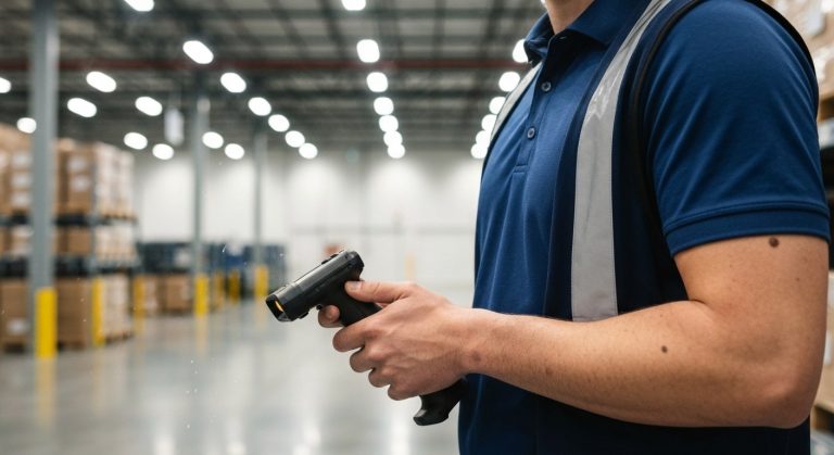 A professional warehouse associate stands in a wide, modern logistics aisle holding a handheld digital scanner device.