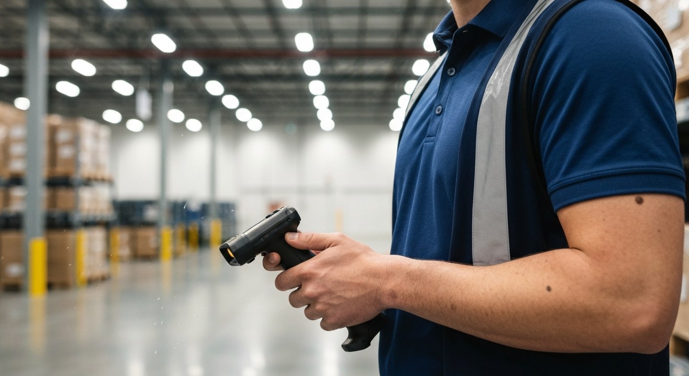Modern Warehouse Distribution Center Associate A professional warehouse associate stands in a wide, modern logistics aisle holding a handheld digital scanner device.