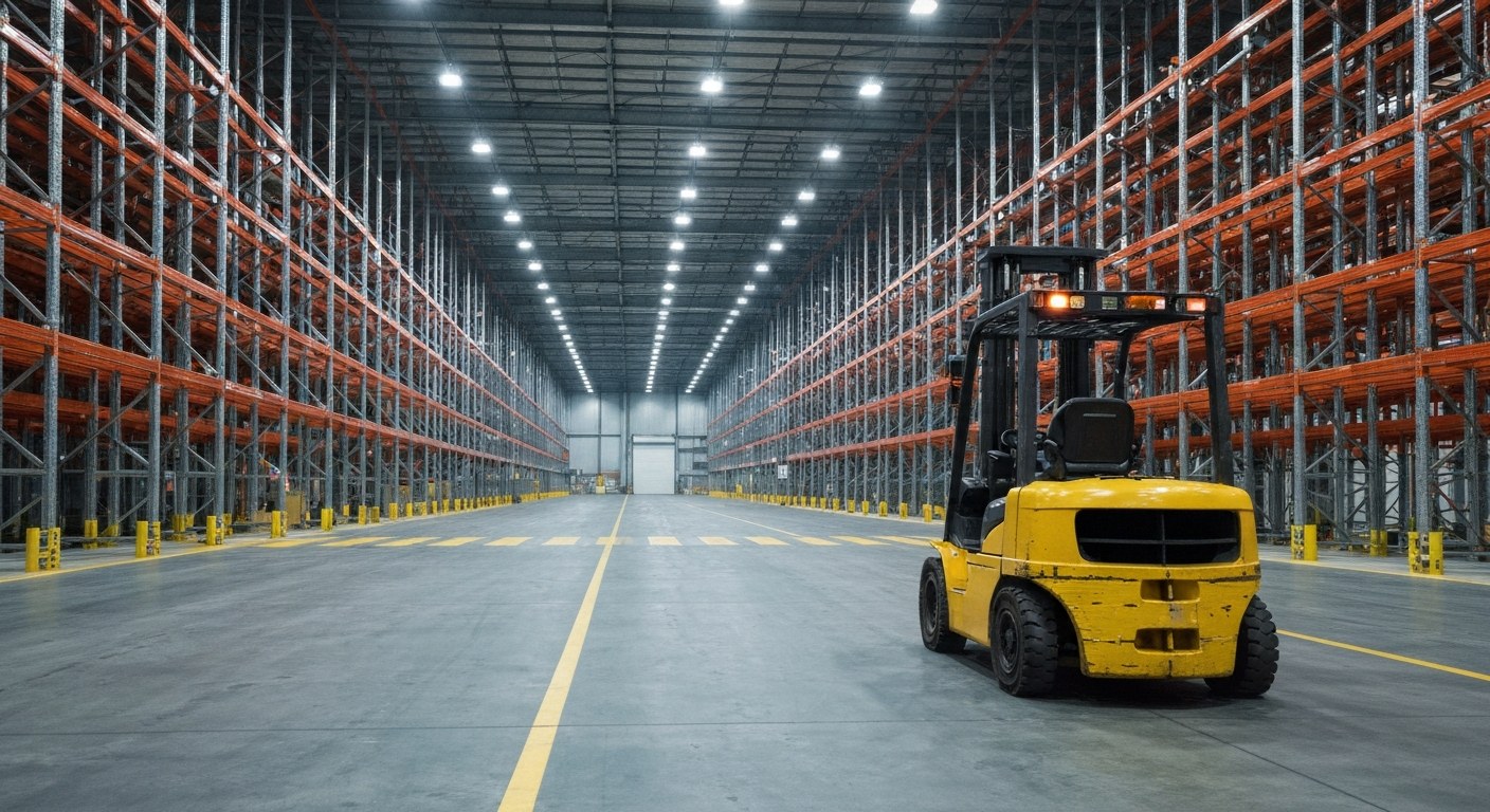 Modern Distribution Center Safety Environment A wide view of a large, modern warehouse with industrial shelving and a forklift parked on a concrete floor.