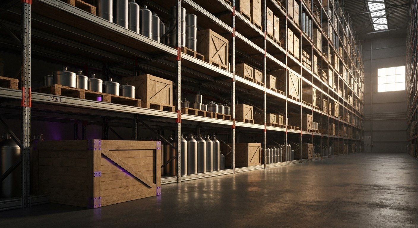 Wide view of a massive warehouse with tall metal shelves and wooden crates stretching into the distance.
