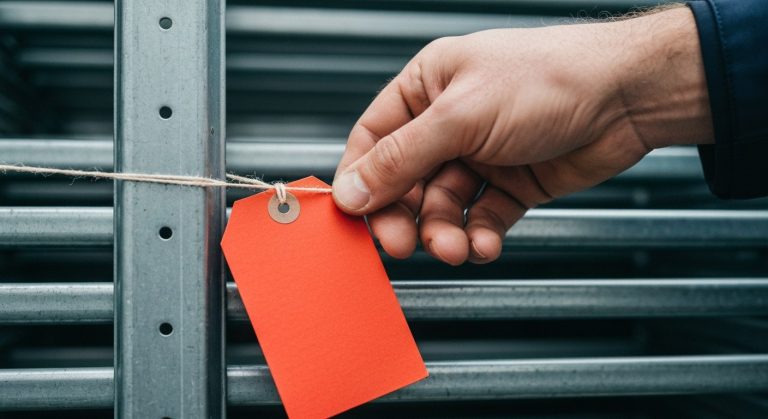 A close-up of a hand attaching a red identification tag to a stack of metal warehouse racking in a bright facility.