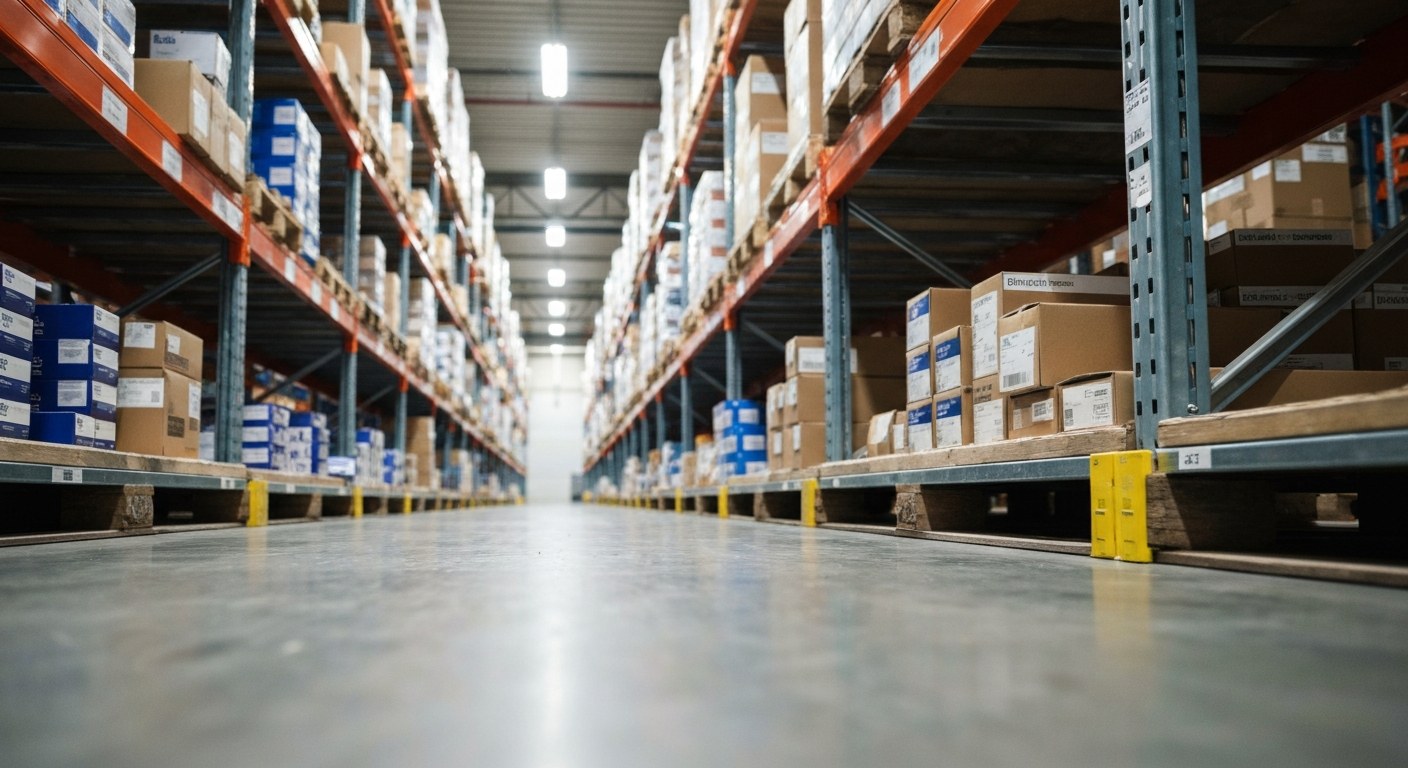 View down a long, well-organized industrial hardware warehouse aisle.