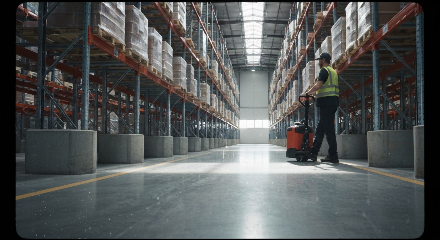 Day in the Shift Order selector operating an electric pallet jack in a fast-paced warehouse aisle.