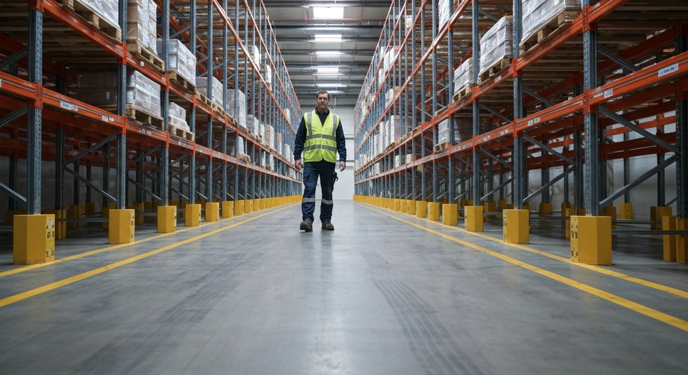 Industrial Lighting for Worker Safety A worker in a high-visibility vest walking down a brightly lit warehouse aisle with tall storage racks.