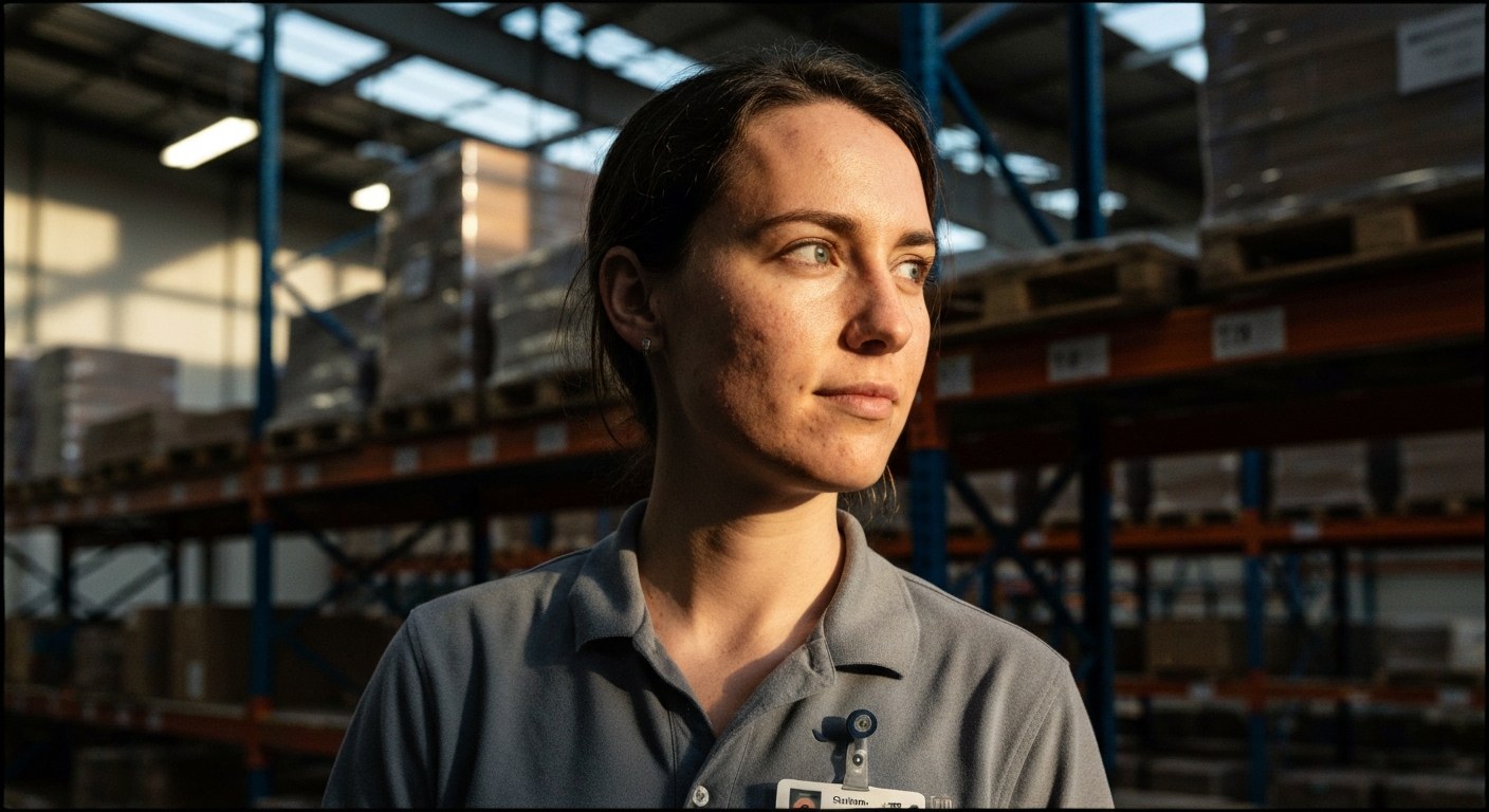 A portrait of a confident warehouse employee looking into the distance during golden hour inside a facility.