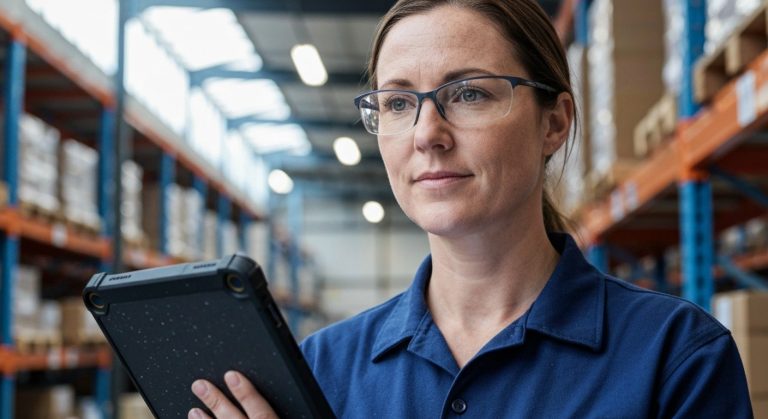 Warehouse Associate: Is The Pay Worth It? (2026 Guide) 4 A female warehouse associate in a navy shirt looks at a digital tablet in a modern distribution center with blurred racks.