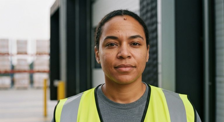 A warehouse worker in a high-visibility vest stands in a brightly lit logistics facility with industrial shelving behind them.