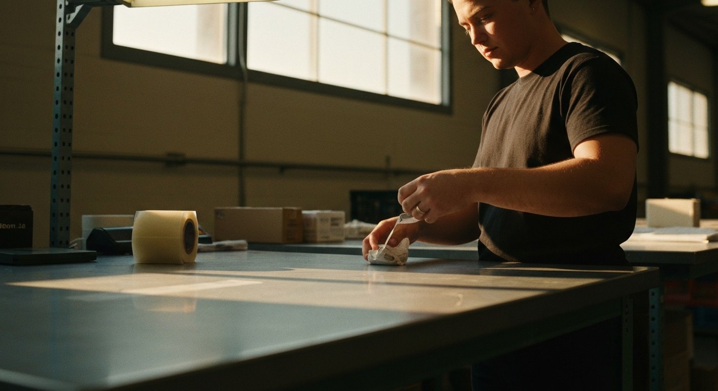 A warehouse worker processes returned items at a clean, sunlit workstation in a distribution center.