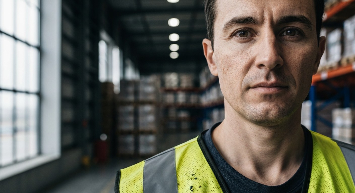 Warehouse Logistics Safety Associate A focused warehouse worker in a safety vest stands in a distribution center with blurred aisles in the background.