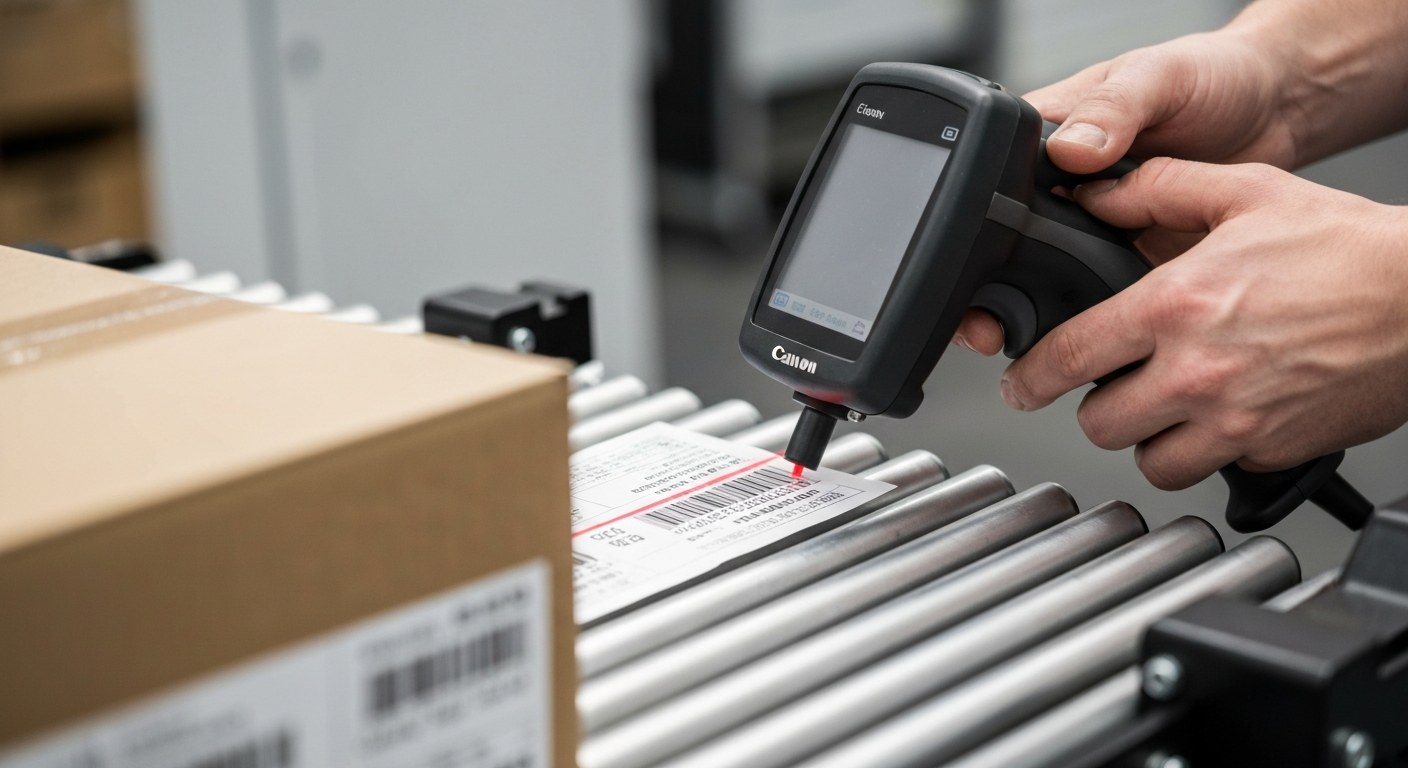 Industrial Barcode Scanner in Modern Logistics Close-up of a warehouse worker's hand using a handheld digital scanner on a cardboard package.
