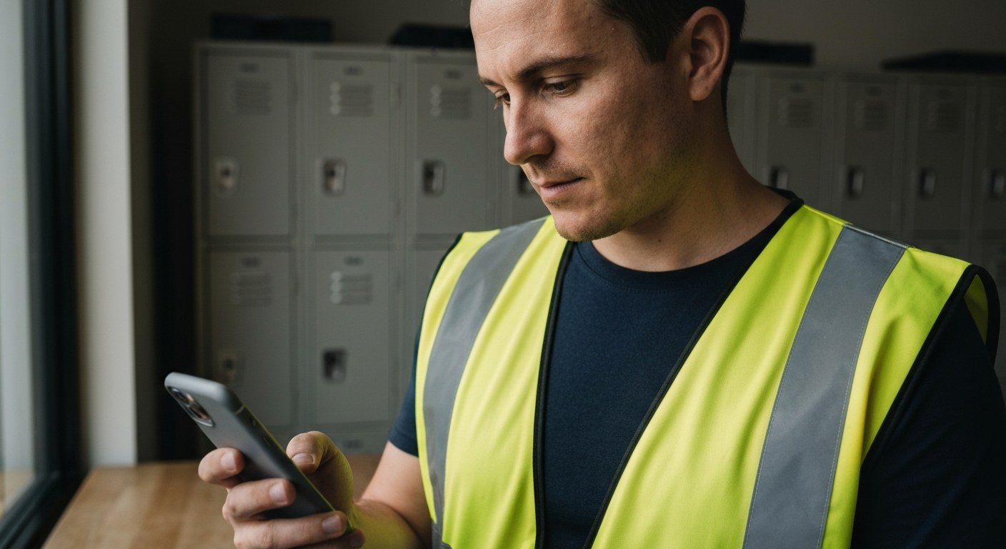 Logistics Associate Checking Weekly Pay A warehouse worker in a high-visibility safety vest checks their phone near a window in a distribution center breakroom.