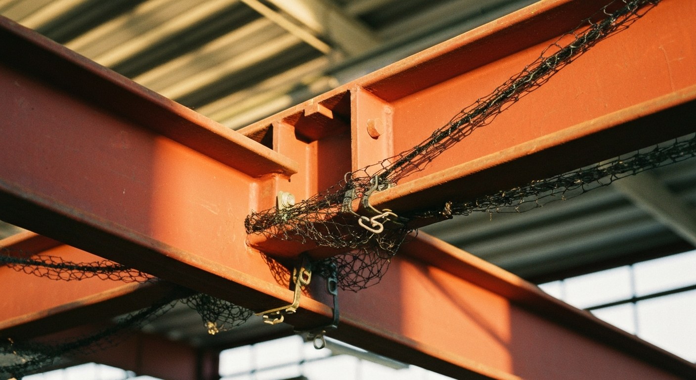 Warehouse Bird Netting Installation Close-up of black bird netting attached to a red steel warehouse beam with golden sunlight.