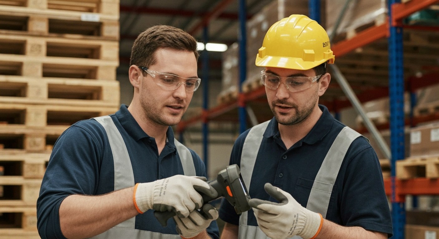 A Tier 3 warehouse lead mentors a junior associate while looking at a digital inventory device.