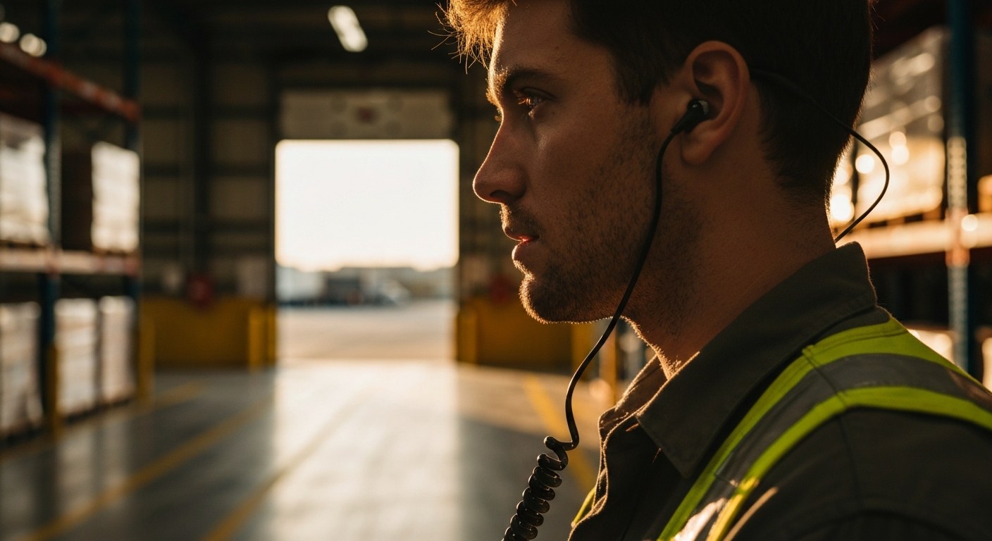 Profile view of a warehouse operator wearing a communication earpiece with warm golden hour light in a distribution center.