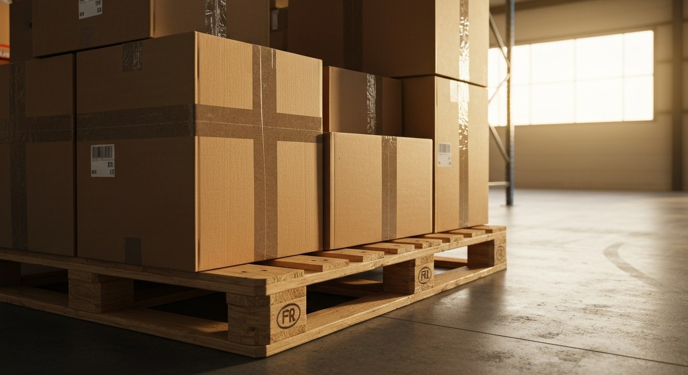Warehouse Shipment Consolidation Process A wooden pallet stacked with various cardboard boxes in a warehouse, illuminated by warm afternoon sunlight.