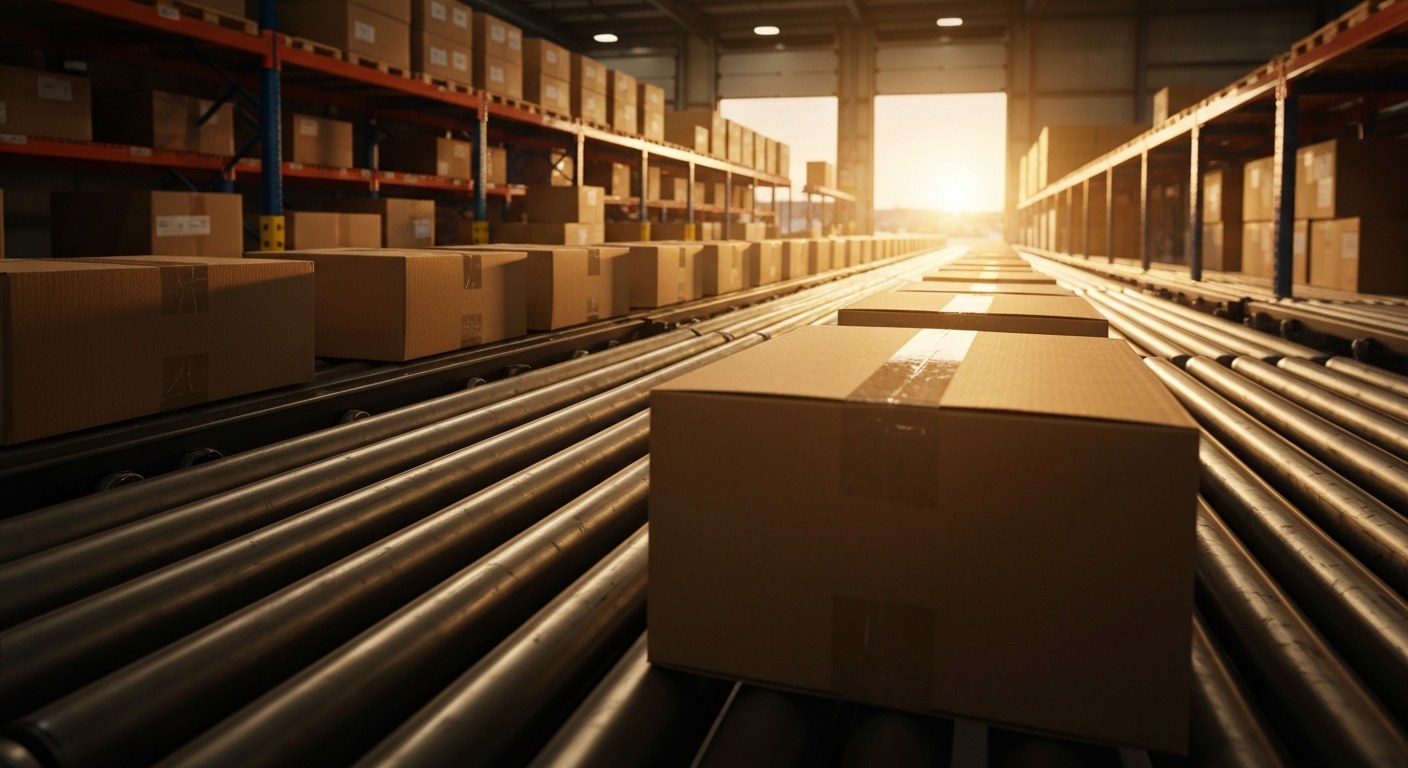 Night Shift Logistics Operations Cardboard boxes on a warehouse conveyor belt illuminated by warm sunset light through bay doors.