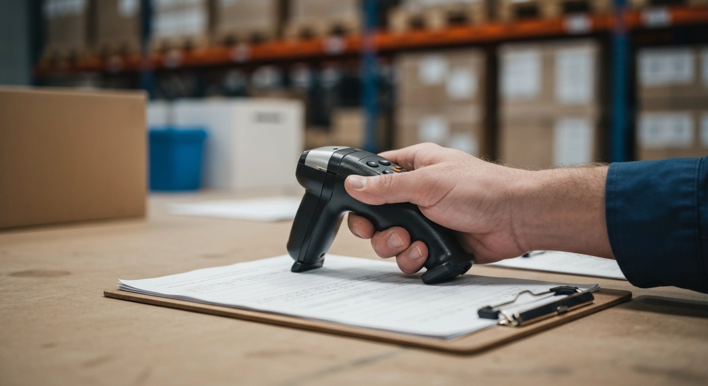 Cycle Counting for Stock Accuracy Warehouse staff member performing a routine cycle count with a handheld scanner and clipboard.