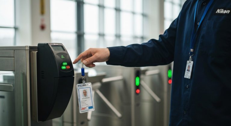 A close-up of a worker's hand holding a generic ID badge near a warehouse security scanner in soft morning light.