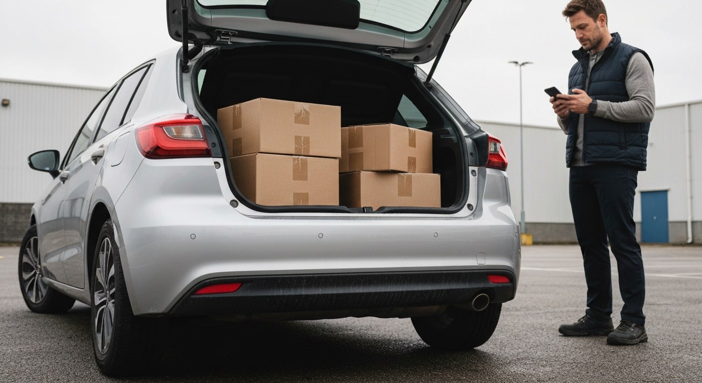 Delivery Driver Loading Packages at Warehouse A driver stands by his open car trunk filled with packages in a warehouse parking lot while looking at his phone.