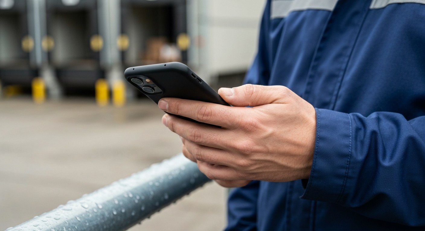 Warehouse Verification and Tech Glitches Close-up of a hand holding a phone at a warehouse loading bay for verification.