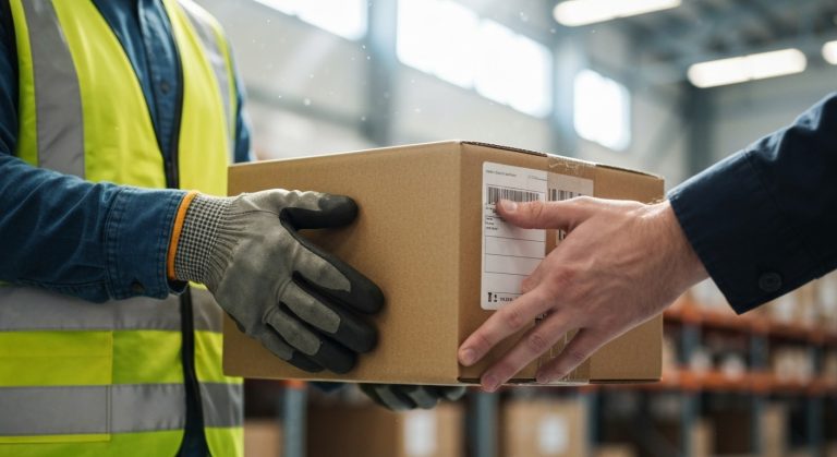 Does Dispatched Mean Delivered? (No, But...) 4 A close-up photo of a warehouse worker handing a cardboard parcel to a courier in a sunlit industrial space.