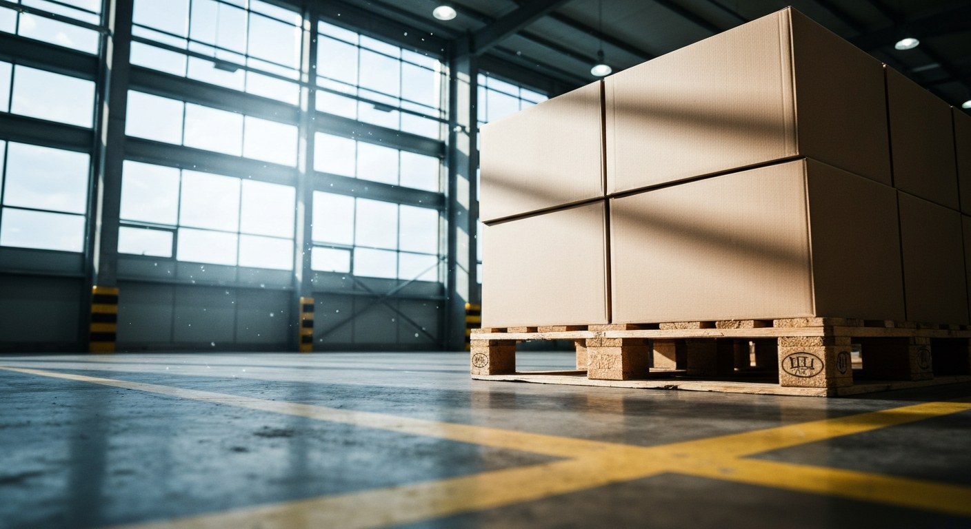 Interior of a large warehouse with morning sun streaming through high windows onto concrete floors and pallets.