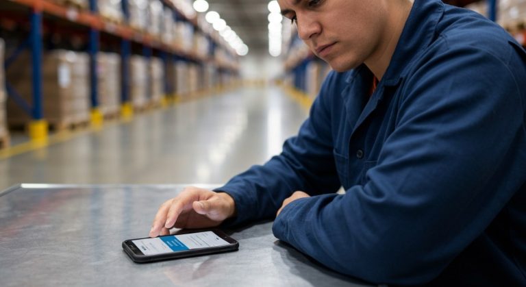 A warehouse employee sitting at a breakroom table looking at their phone, feeling stressed about employment status.