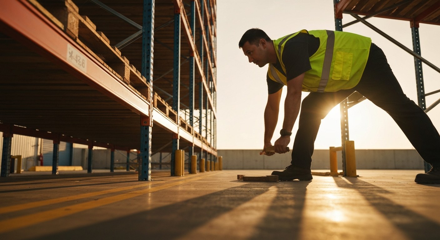 A warehouse worker in a safety vest lifting a box with correct posture under golden hour lighting.