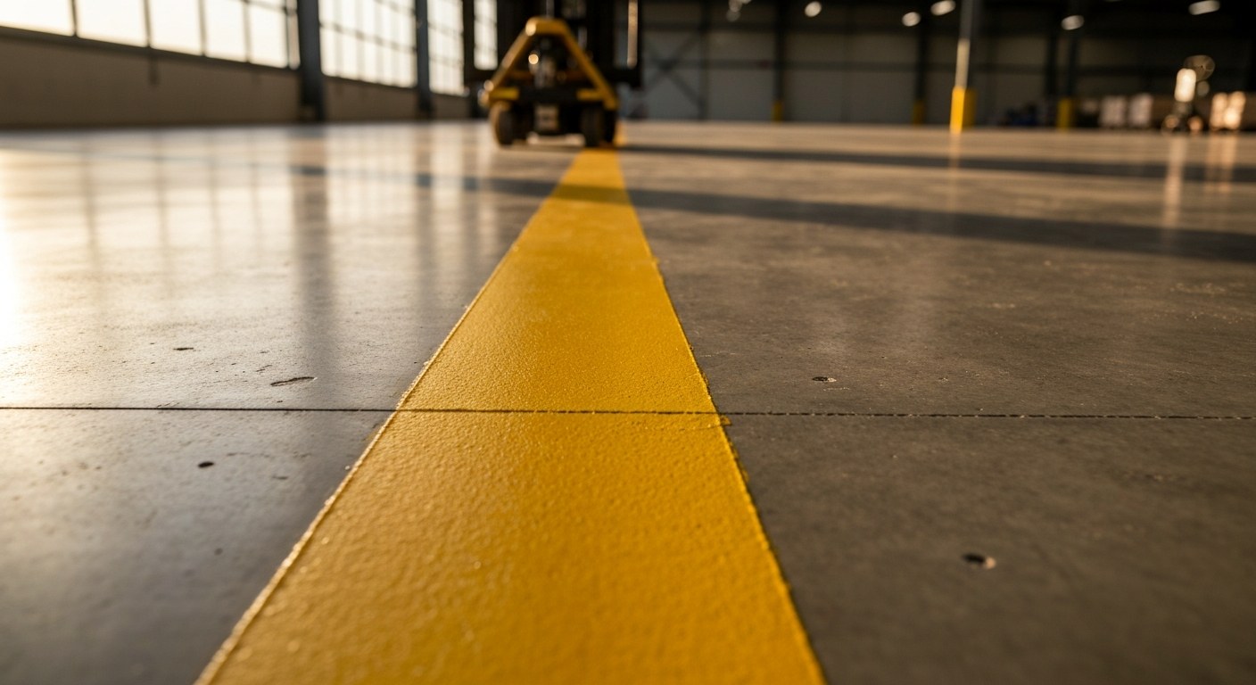 Warehouse Floor Marking and Aisle Safety Wide angle view of a yellow safety aisle line on a polished concrete warehouse floor.
