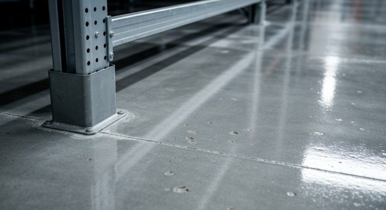 Close up of a clean industrial warehouse concrete floor with soft light reflections and subtle surface texture.