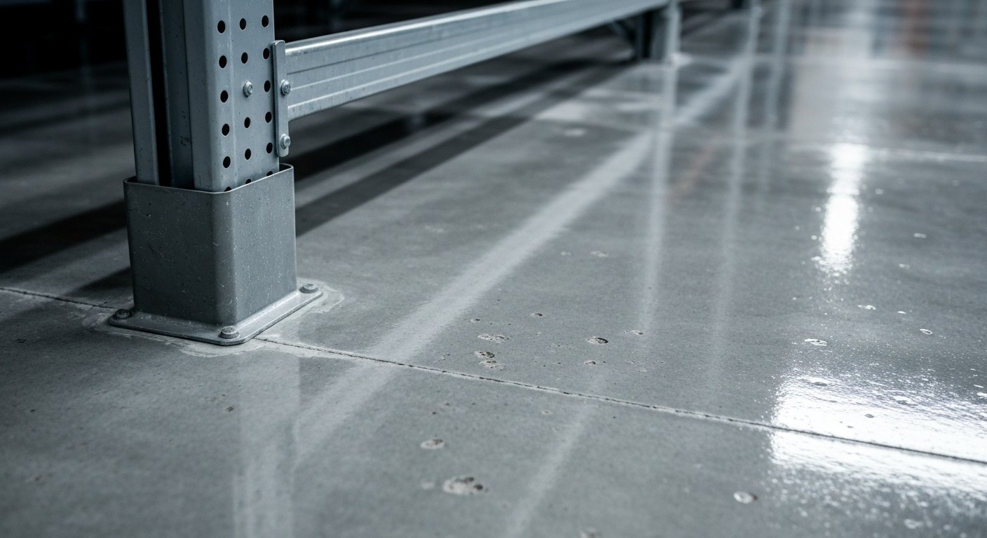 Close up of a clean industrial warehouse concrete floor with soft light reflections and subtle surface texture.