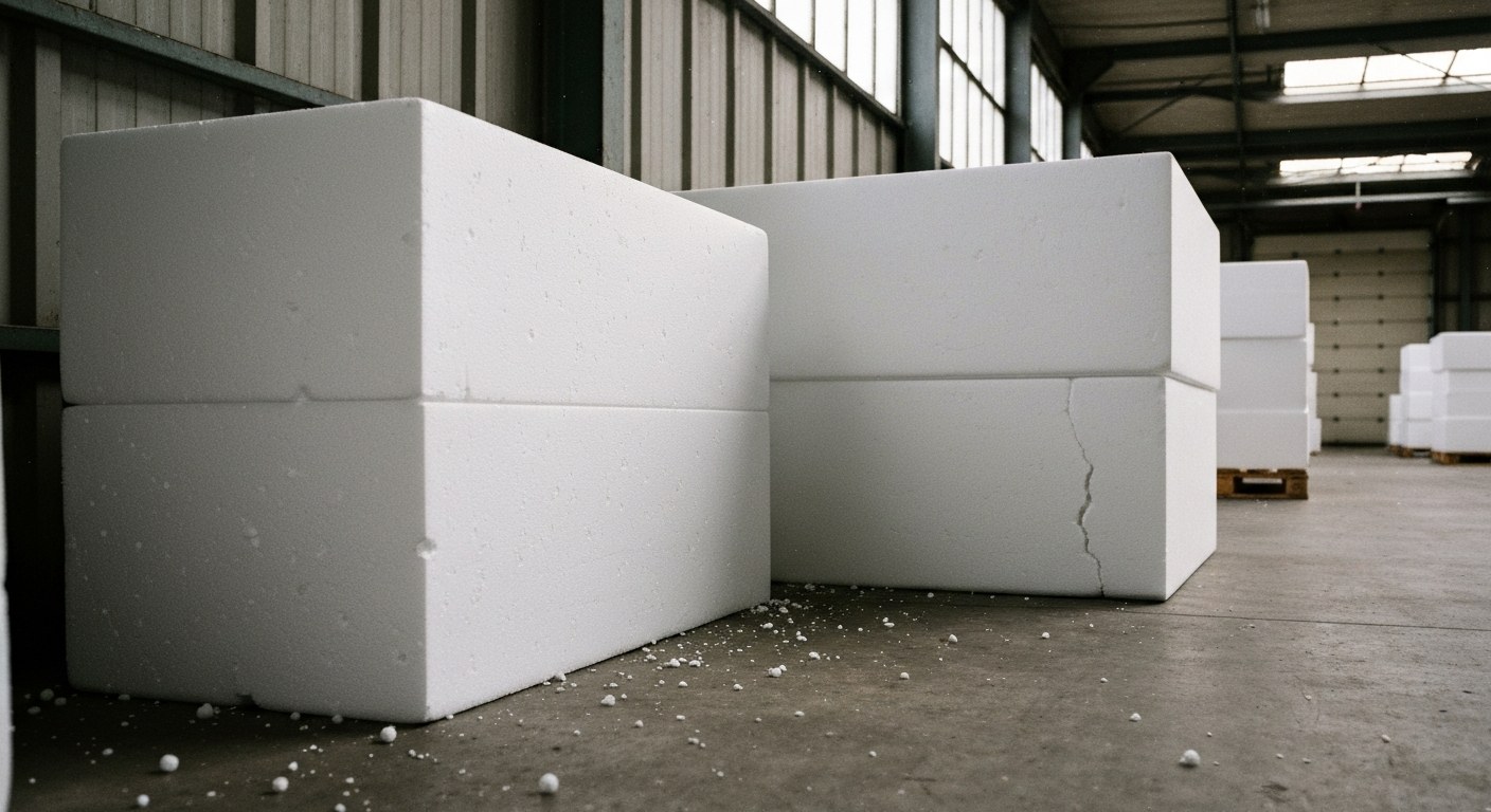 Warehouse Foam Waste Challenges A cluttered warehouse floor filled with white expanded polystyrene foam packaging waste.