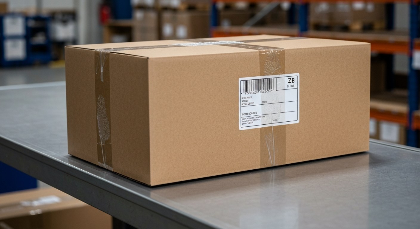 A plain brown shipping package with a standard label on a metal warehouse workbench.