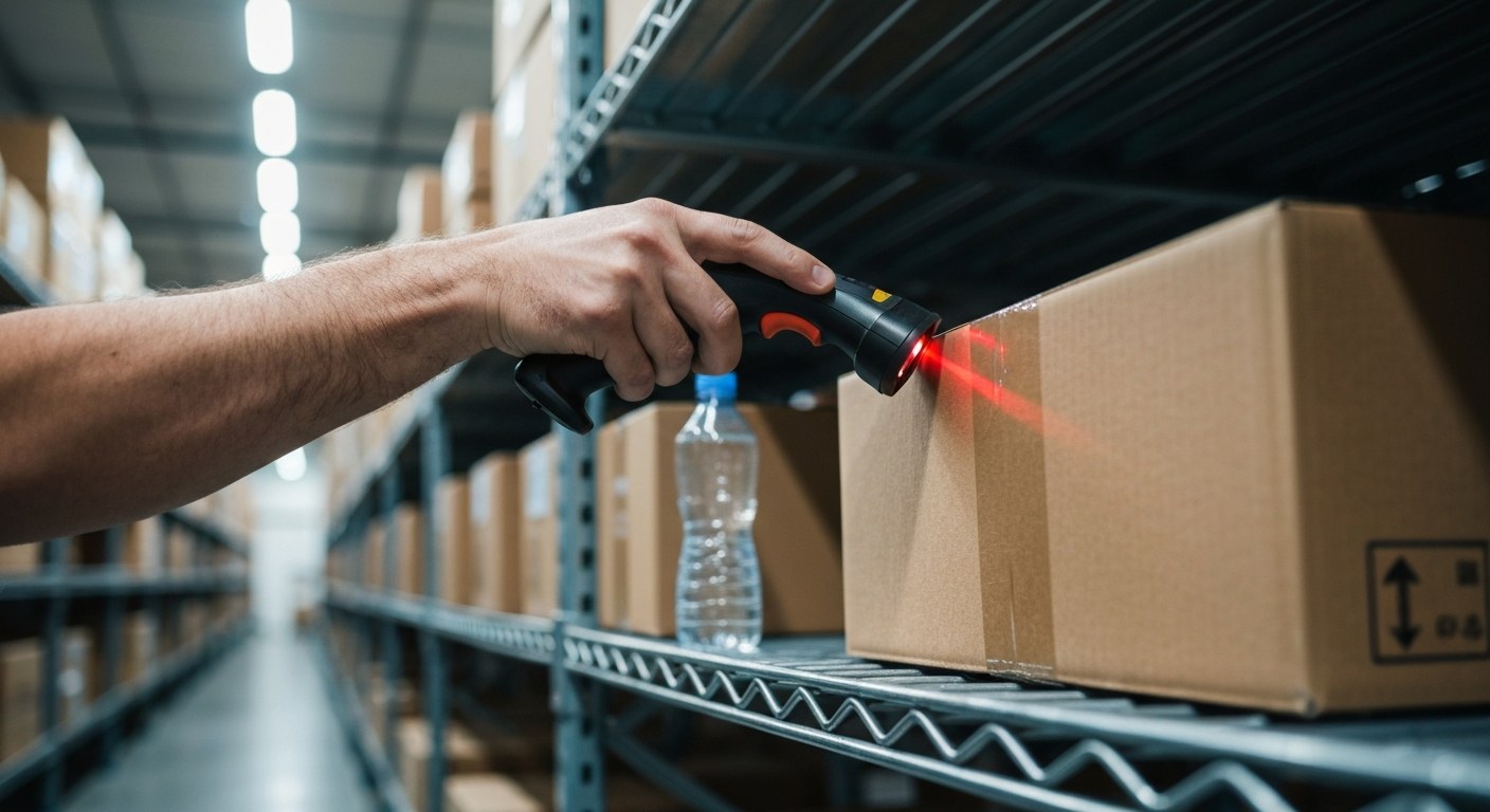 Close-up of a worker using a handheld barcode scanner to process a package on metal shelving in a distribution center.