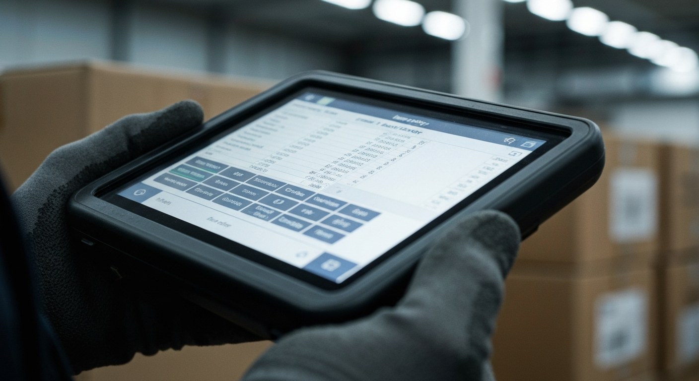 Close-up of a rugged warehouse handheld device displaying a digital inventory picking list.