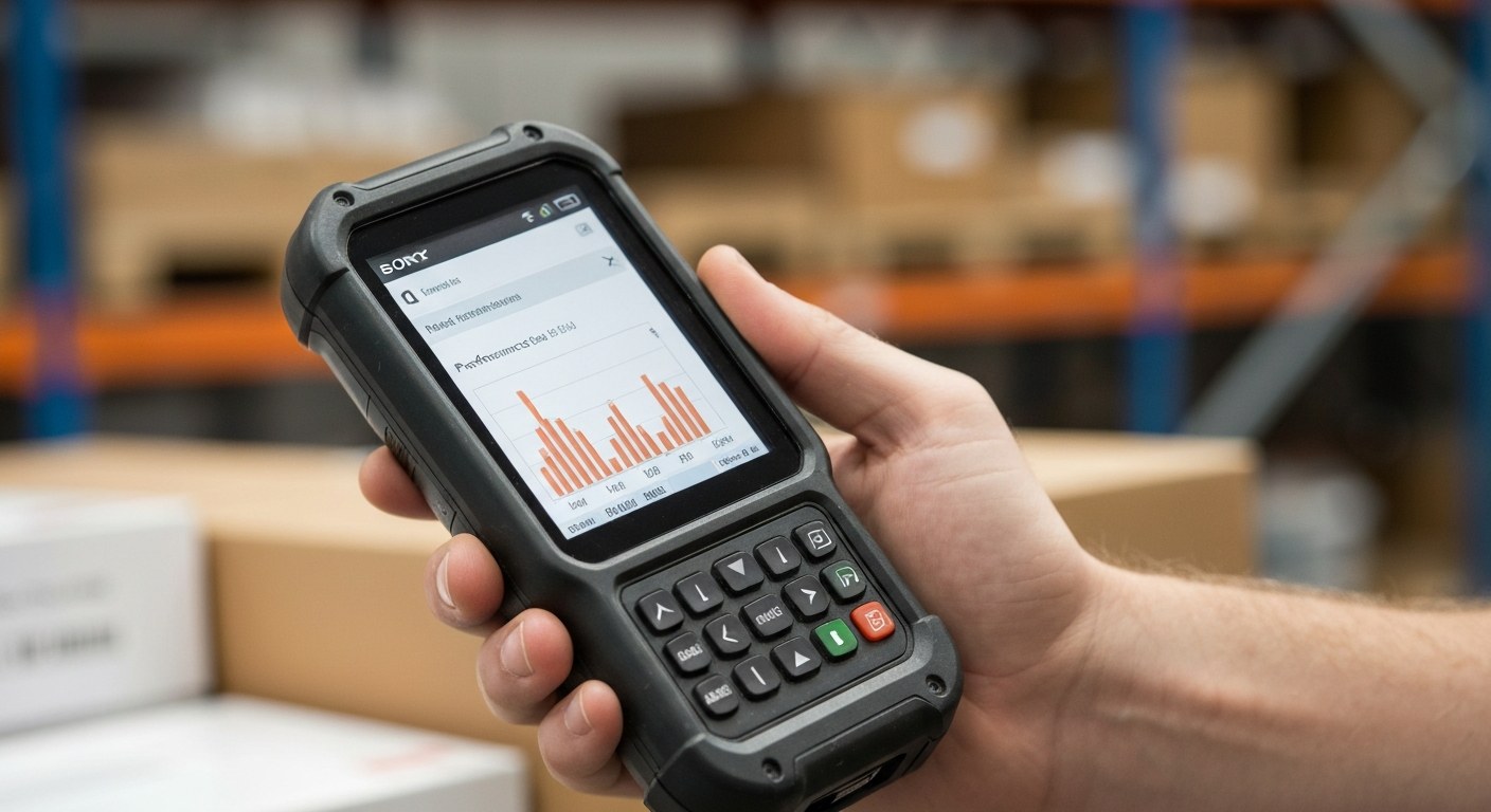 Close-up of a worker's hand holding a warehouse scanner showing productivity data on a glass screen.
