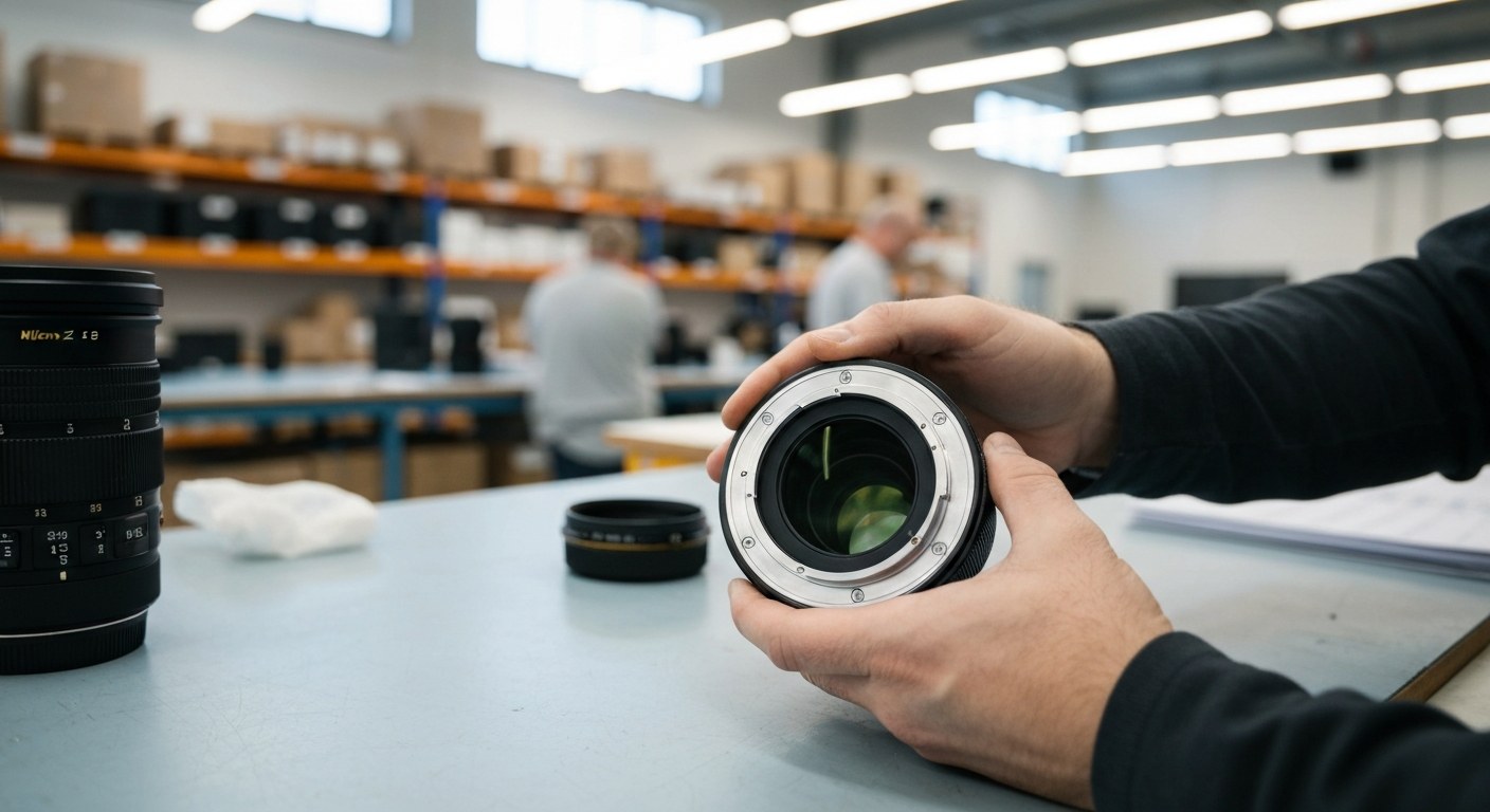 A technician inspecting a returned camera lens for quality grading in a warehouse.